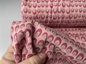 Bomuldsjersey - påfugle fjer med glimmer og rosa bund